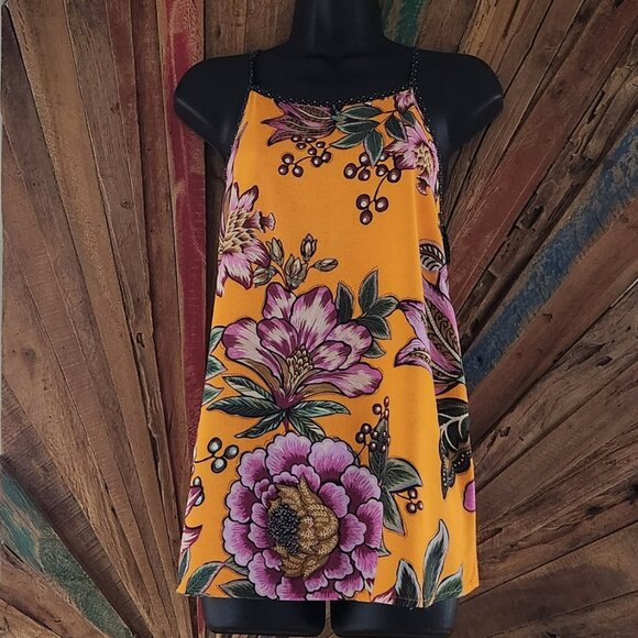 Farm Rio orange/purple florals side slits tunic/top/blouse Sz M - Picture 2 of 9